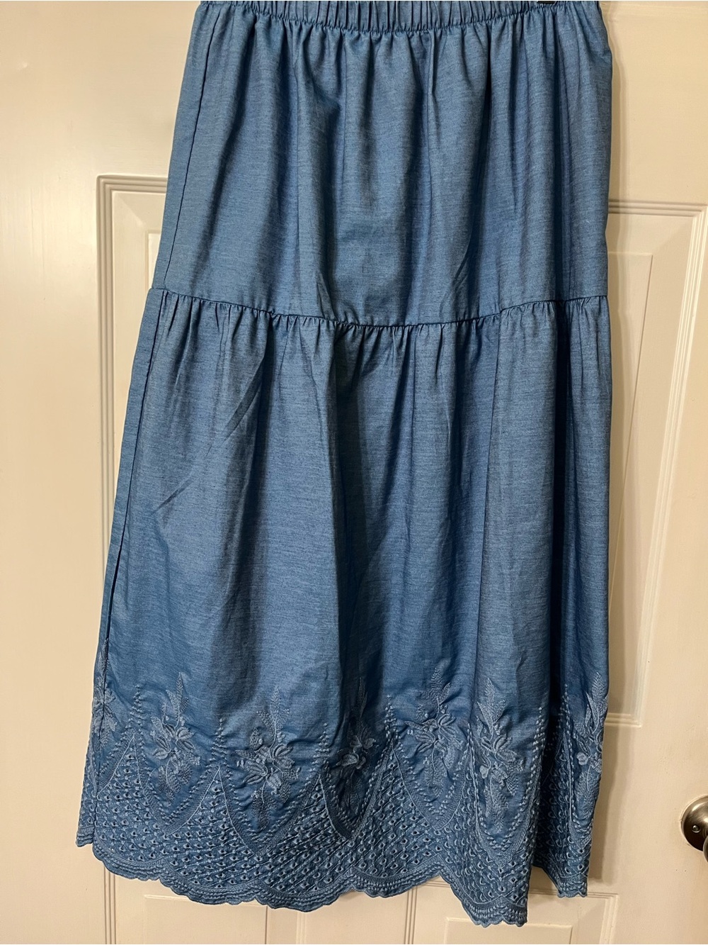 J Gee Light Blue Tiered Chambray Maxi Skirt L, Cottagecore, Coastal, Embroidered